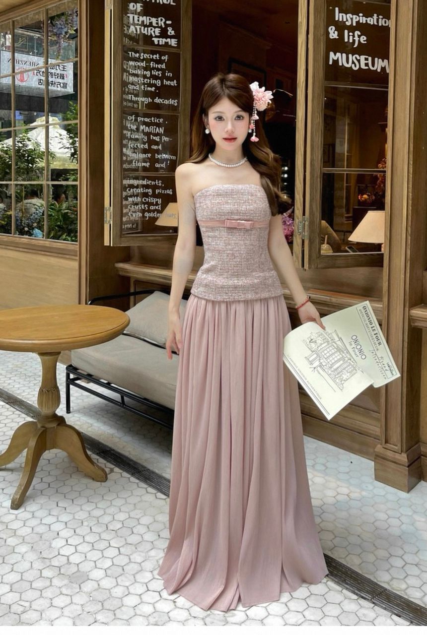Blush Muse Strapless Tweed &amp; Pleated Maxi Dress