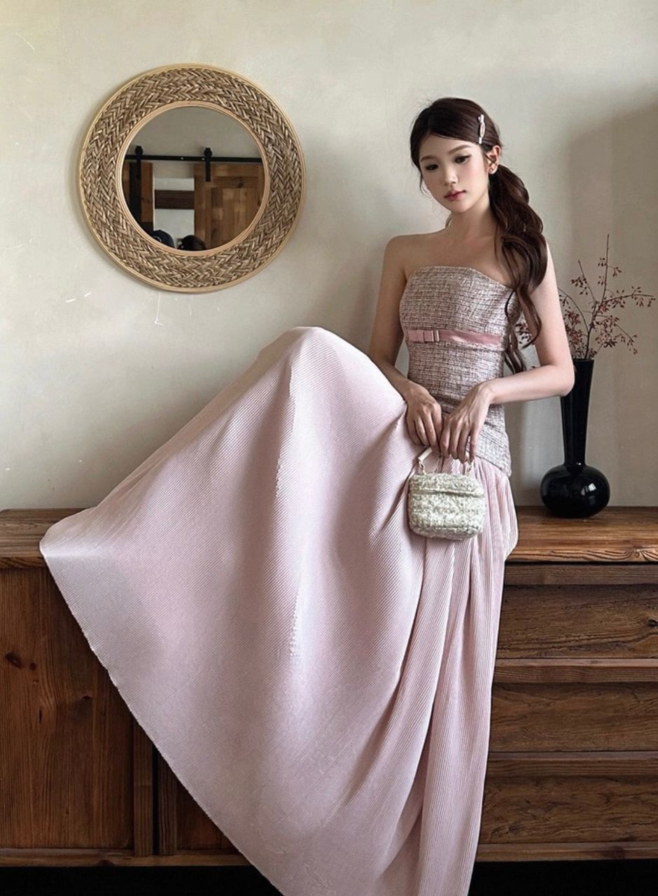 Blush Muse Strapless Tweed &amp; Pleated Maxi Dress
