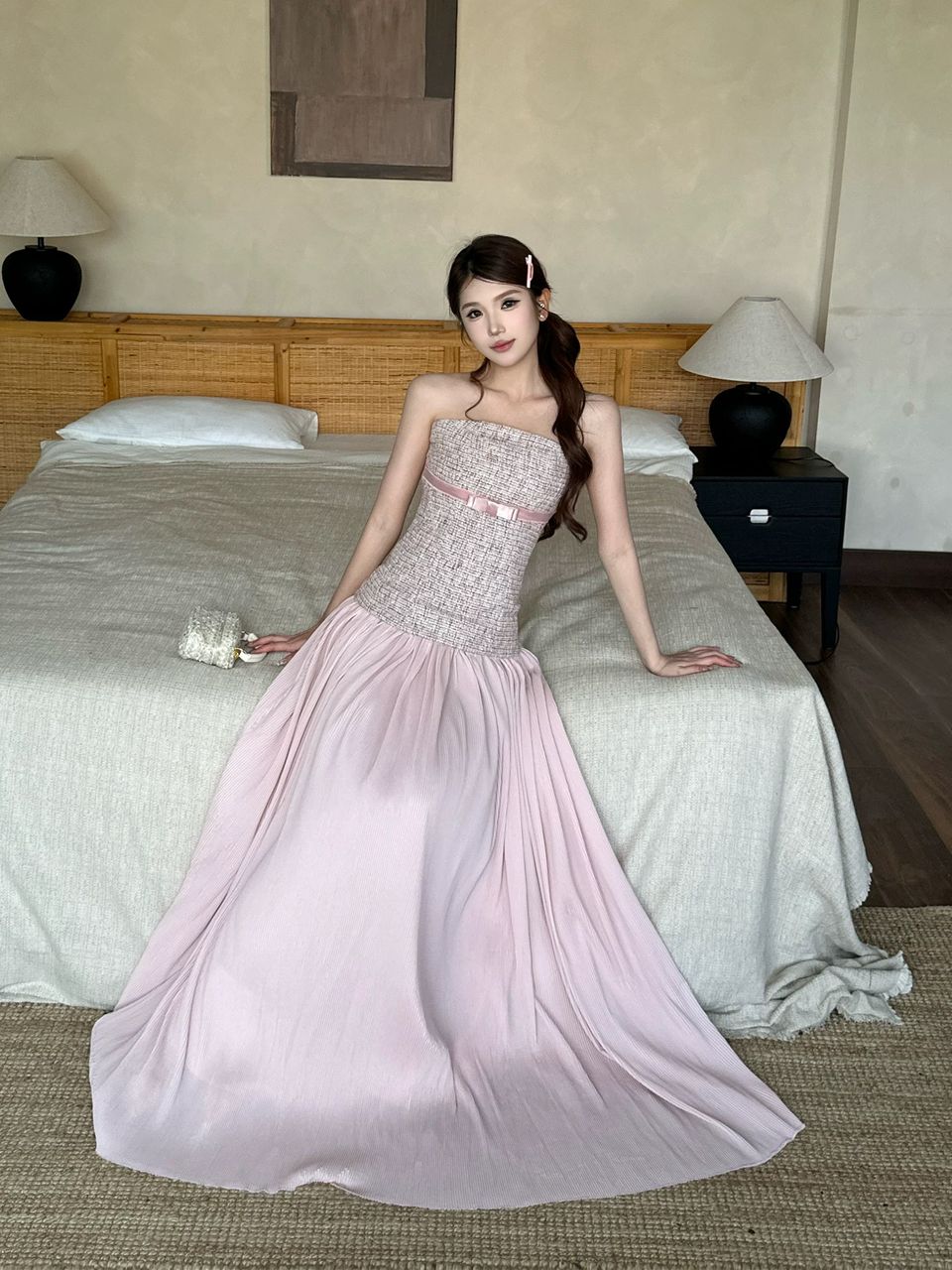 Blush Muse Strapless Tweed &amp; Pleated Maxi Dress