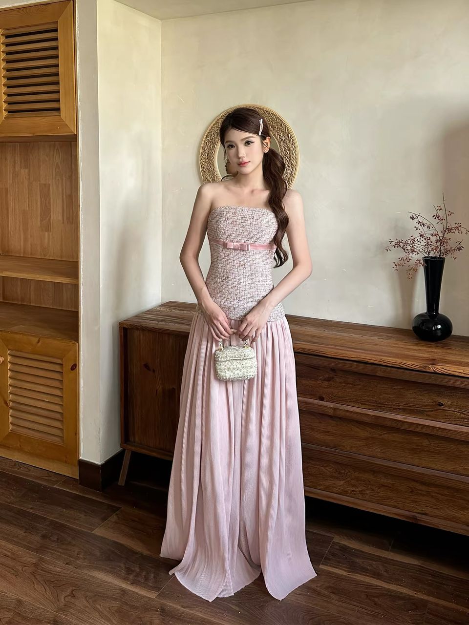 Blush Muse Strapless Tweed &amp; Pleated Maxi Dress