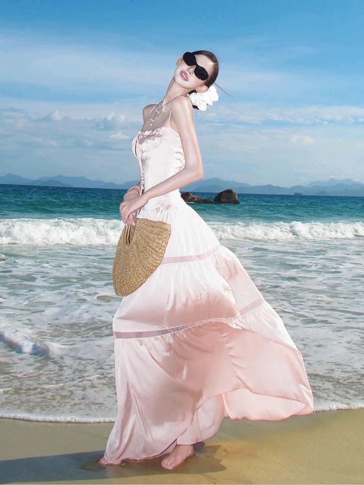 Blush Ruched Halter Maxi Dress – Soft Feminine Tiered Summer Gown