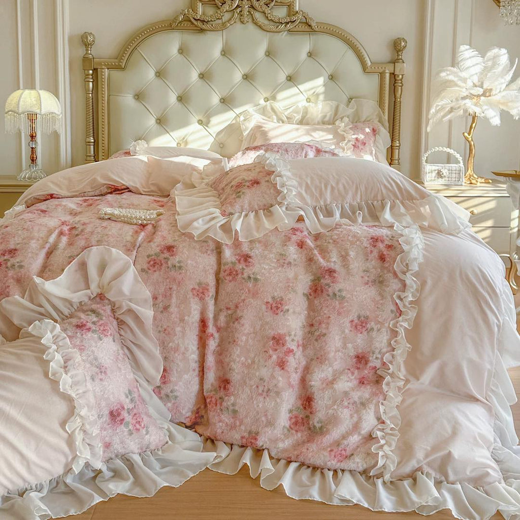 Blush Pink Floral Ruffle Bedding Set – 4 Piece