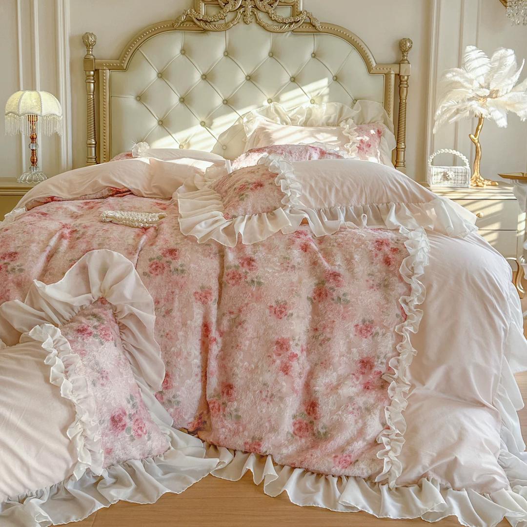 Blush Pink Floral Ruffle Bedding Set – 4 Piece