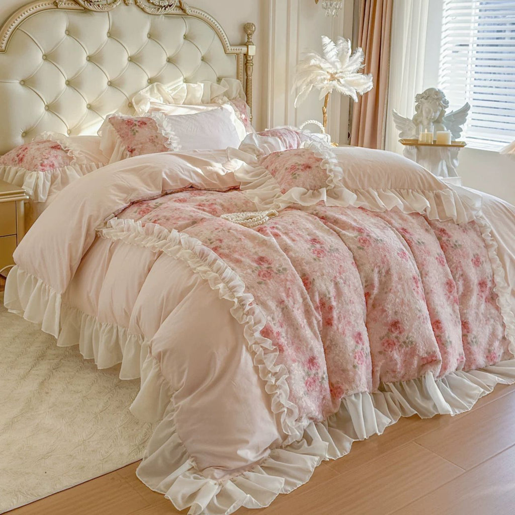 Blush Pink Floral Ruffle Bedding Set – 4 Piece