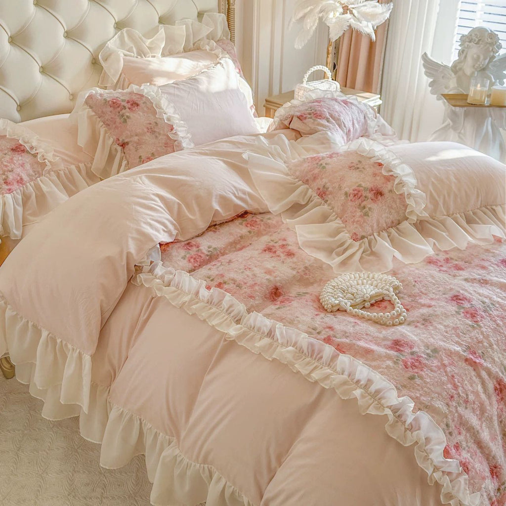 Blush Pink Floral Ruffle Bedding Set – 4 Piece