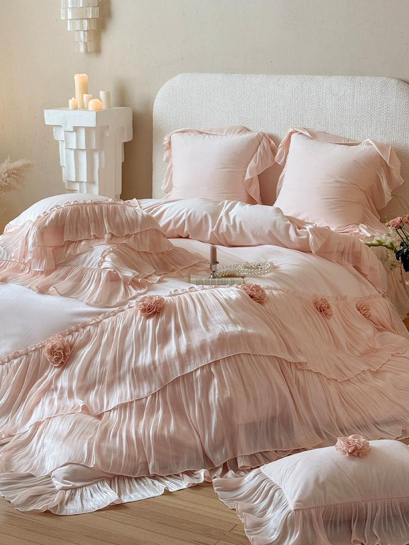 Blush Ruffle Floral 4-Piece Bedding Set
