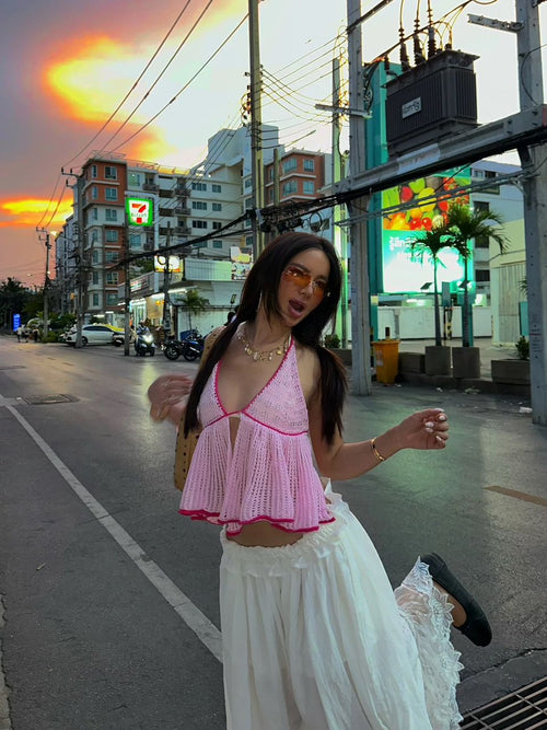 Baby Pink Crochet Halter Top – Y2K Soft Girl Knit Camisole