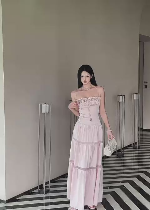 Blush Ruched Halter Maxi Dress – Soft Feminine Tiered Summer Gown