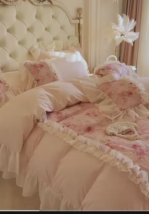 Blush Pink Floral Ruffle Bedding Set – 4 Piece