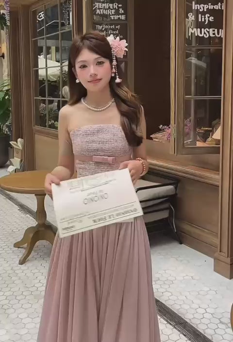 Blush Muse Strapless Tweed &amp; Pleated Maxi Dress