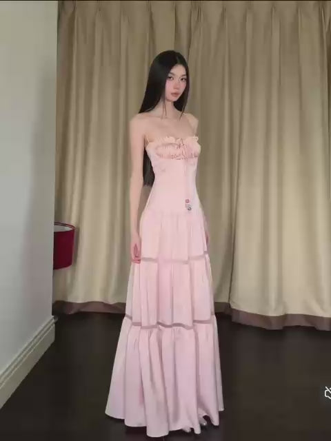 Blush Ruched Halter Maxi Dress – Soft Feminine Tiered Summer Gown